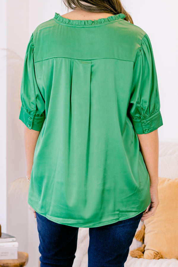 Chic Soul plus size clothing, short-puffed-sleeve kelly green top with a ruffled neckline with a tie 