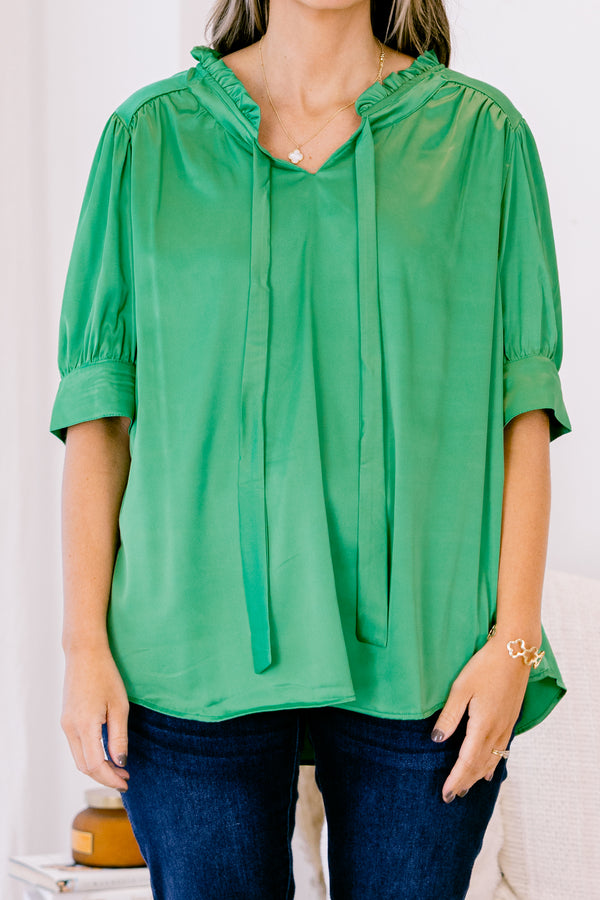 Chic Soul plus size clothing, short-puffed-sleeve kelly green top with a ruffled neckline with a tie 