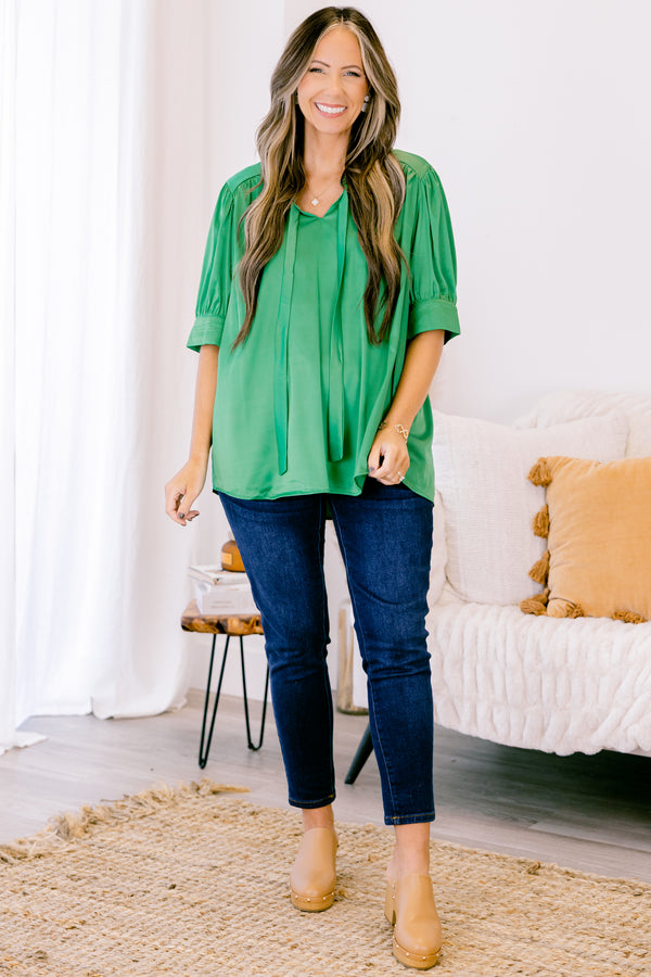Chic Soul plus size clothing, short-puffed-sleeve kelly green top with a ruffled neckline with a tie 