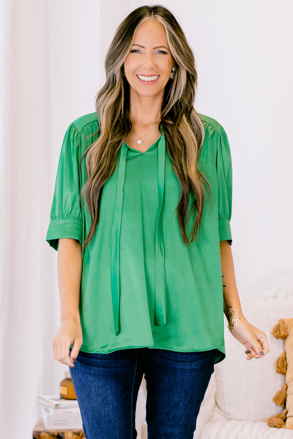 Chic Soul plus size clothing, short-puffed-sleeve kelly green top with a ruffled neckline with a tie 