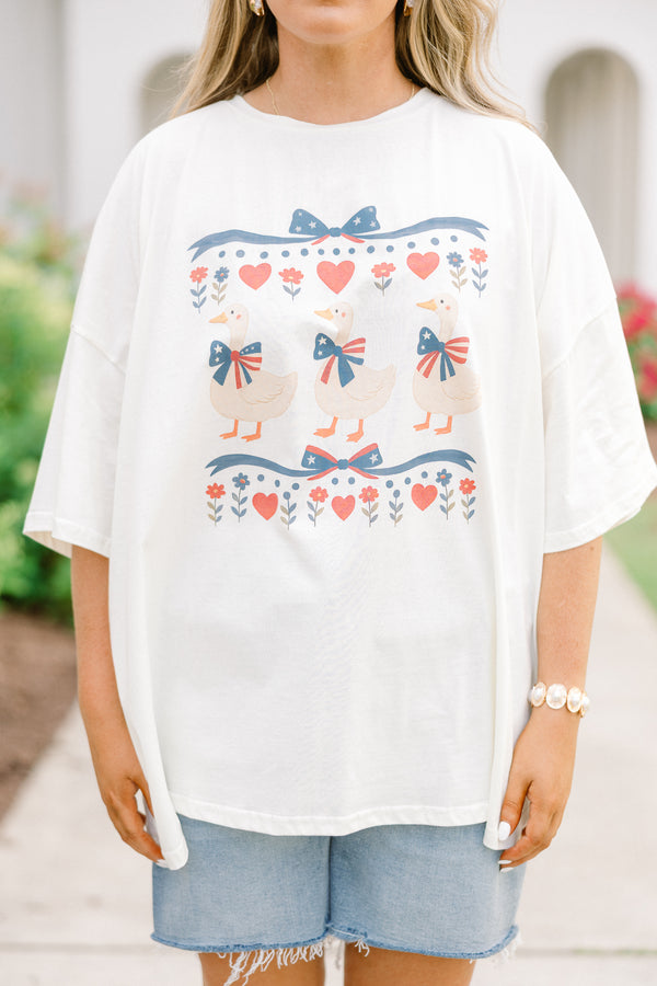 ivory oversized tee with coquette patriotic geese graphic