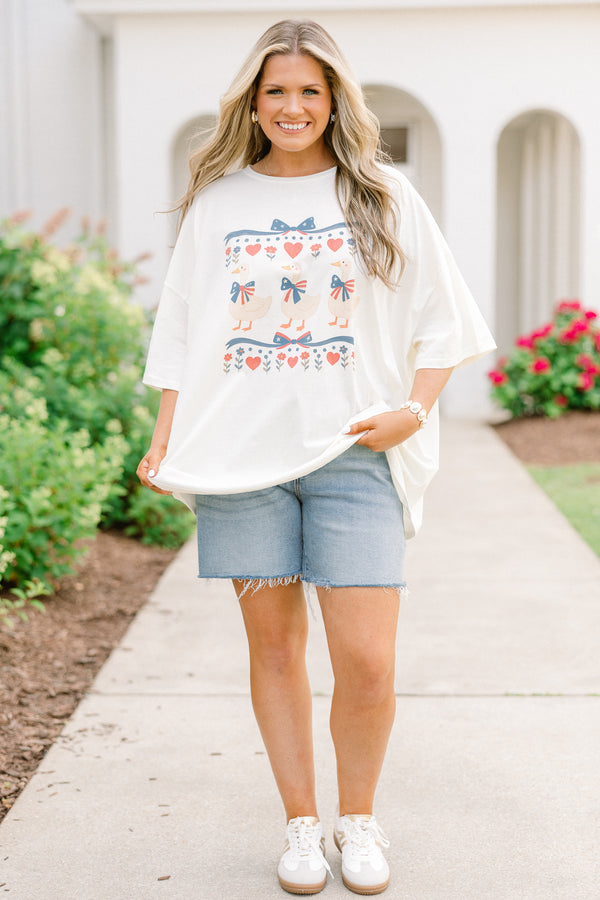 ivory oversized tee with coquette patriotic geese graphic