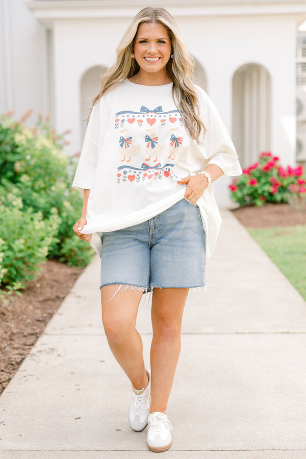 ivory oversized tee with coquette patriotic geese graphic