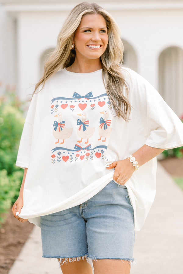 ivory oversized tee with coquette patriotic geese graphic