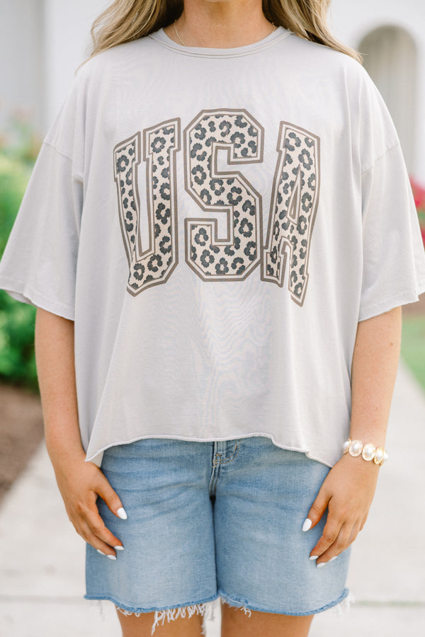 stone colored vintage wash tee with leopard print USA graphic