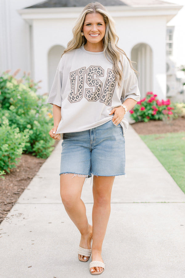 stone colored vintage wash tee with leopard print USA graphic