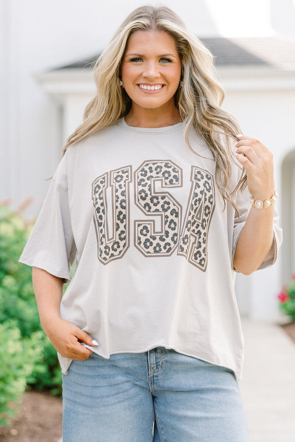 stone colored vintage wash tee with leopard print USA graphic