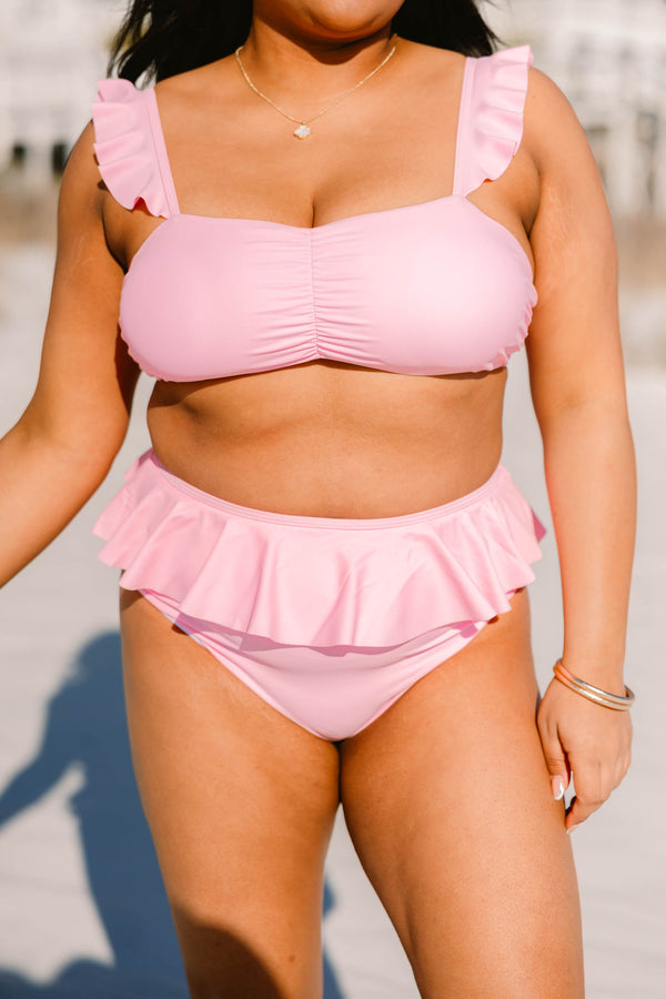 Chic Soul plus size clothing, pink swim top with rushing in the center with ruffle strap sleeves 
