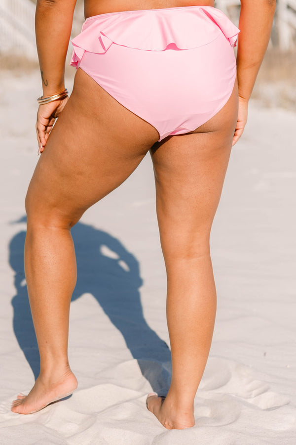 Chic Soul plus size clothing, pink high waited swim bottoms with ruffle along waistband 