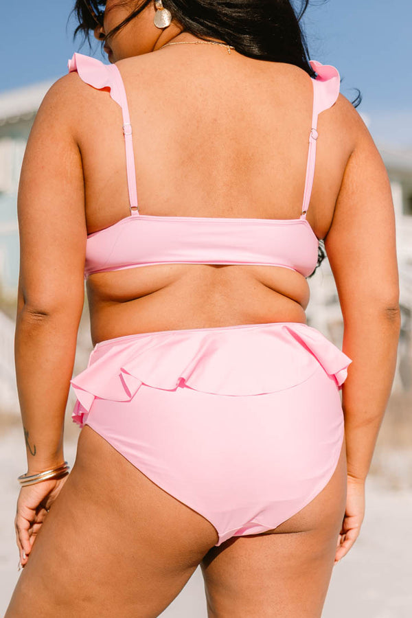 Chic Soul plus size clothing, pink swim top with rushing in the center with ruffle strap sleeves 
