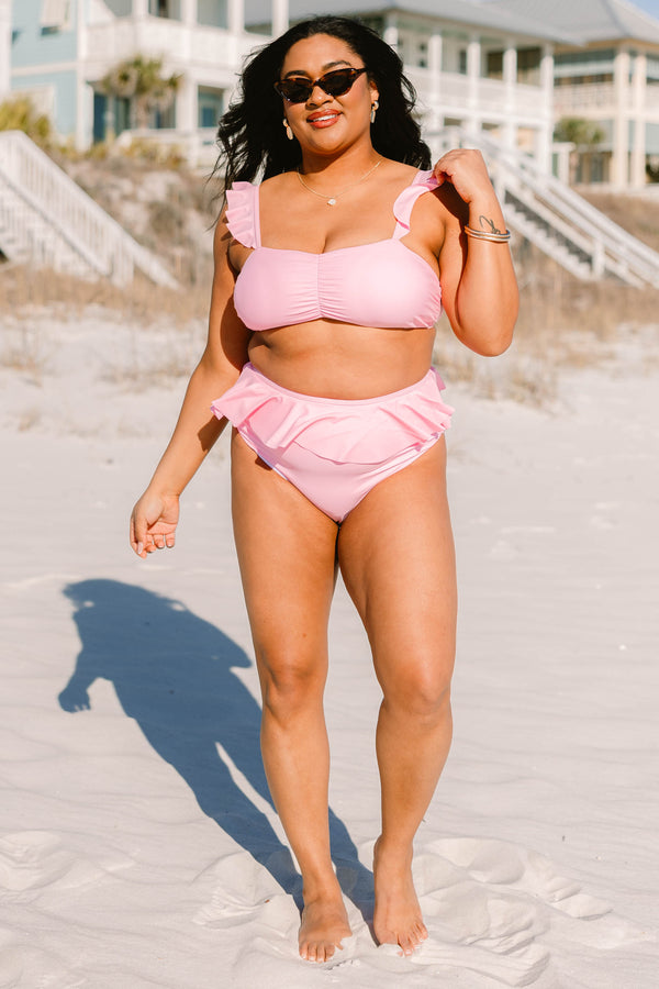 Chic Soul plus size clothing, pink high waited swim bottoms with ruffle along waistband 