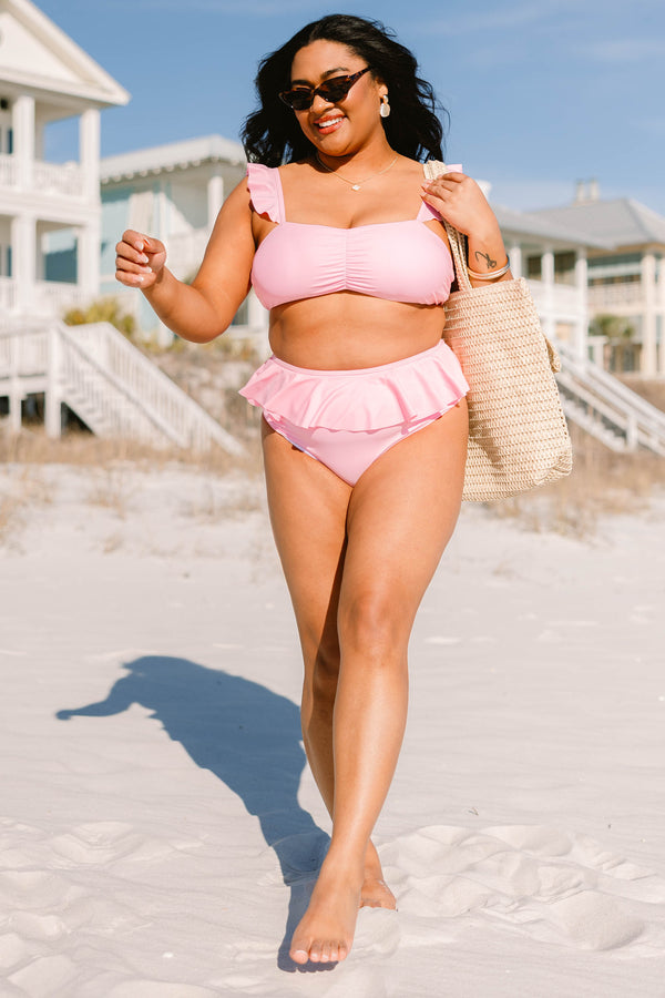 Chic Soul plus size clothing, pink swim top with rushing in the center with ruffle strap sleeves 