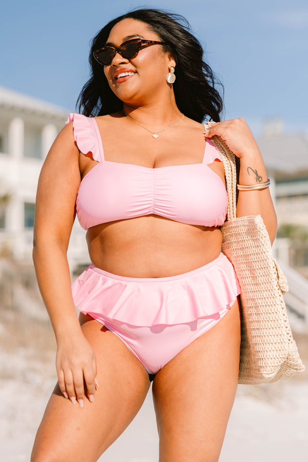Chic Soul plus size clothing, pink swim top with rushing in the center with ruffle strap sleeves 