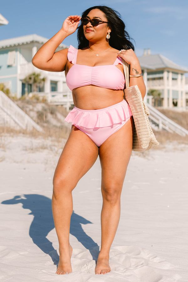 Chic Soul plus size clothing, pink high waited swim bottoms with ruffle along waistband 