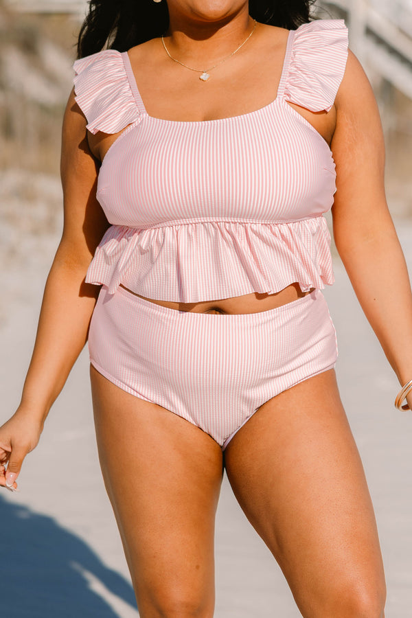 Chic Soul plus size clothing, flutter-strap pink and white stripe tankini top with a subtle scoop-neckline with ruffled detailing 