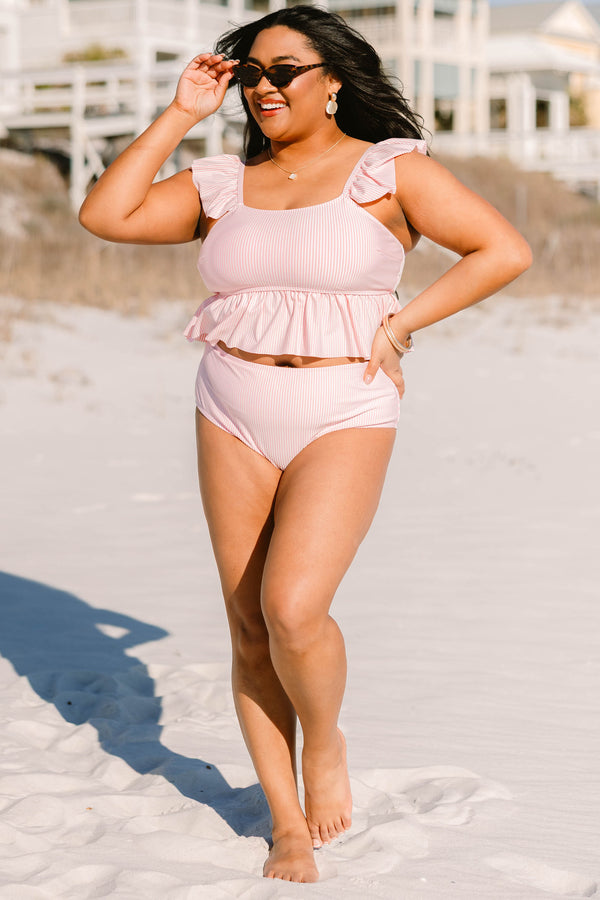 Chic Soul plus size clothing, pink and white striped mid-waisted tankini bottoms 