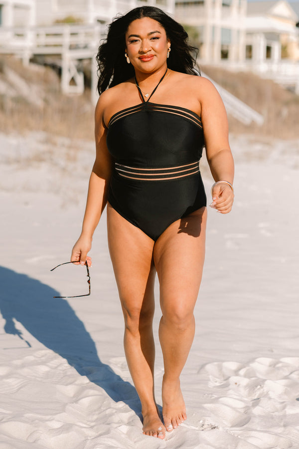Chic soul plus size clothing, black one piece halter swimsuit with sheer strap detailing at the neckline and waist