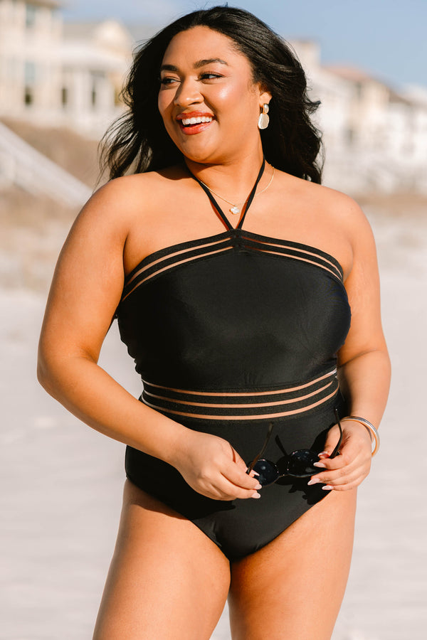 Chic soul plus size clothing, black one piece halter swimsuit with sheer strap detailing at the neckline and waist