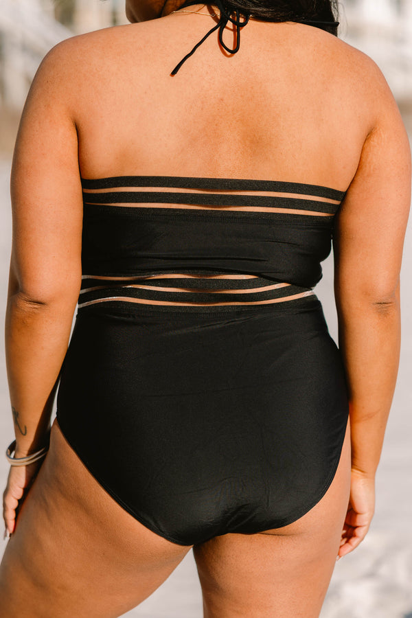 Chic soul plus size clothing, black one piece halter swimsuit with sheer strap detailing at the neckline and waist
