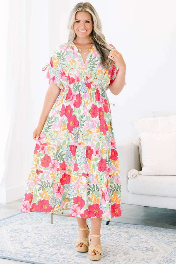 Plus Size pink floral maxi dress with a V-neckline, smocked waist, and tiered skirt.