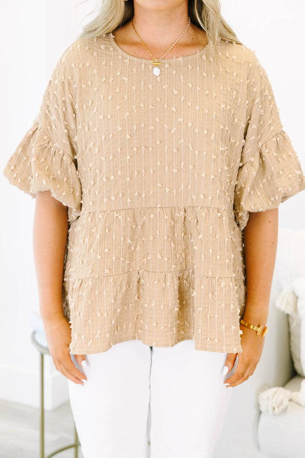Chic Soul Plus size clothing, brown tiered blouse with bubble sleeves and a swiss dot pattern 