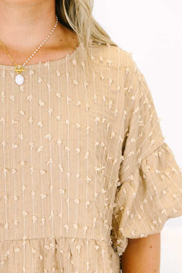 Chic Soul Plus size clothing, brown tiered blouse with bubble sleeves and a swiss dot pattern 
