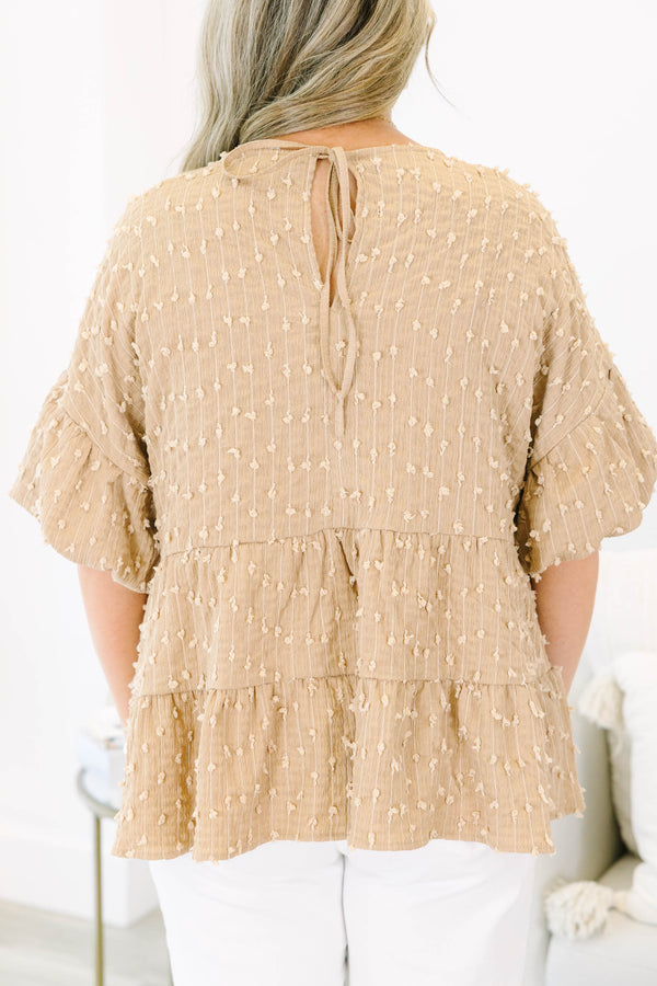 Chic Soul Plus size clothing, brown tiered blouse with bubble sleeves and a swiss dot pattern 