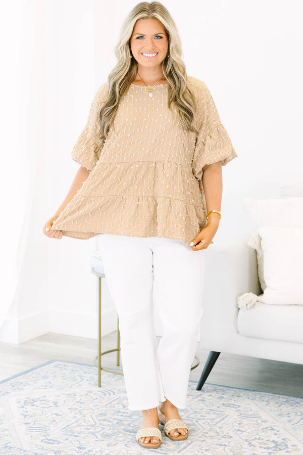 Chic Soul Plus size clothing, brown tiered blouse with bubble sleeves and a swiss dot pattern 