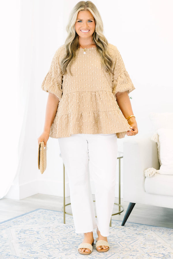 Chic Soul Plus size clothing, brown tiered blouse with bubble sleeves and a swiss dot pattern 