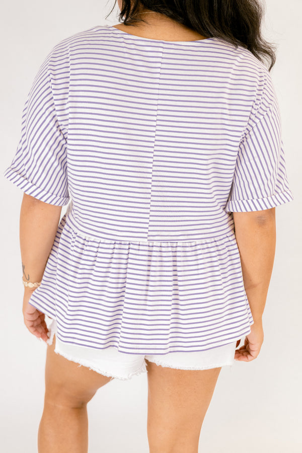 Chic Soul plus size clothing,  lavender striped top with a flowy detail on the bottom of the top and short sleeves 