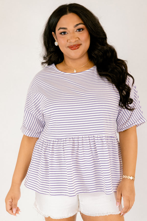 Chic Soul plus size clothing,  lavender striped top with a flowy detail on the bottom of the top and short sleeves 