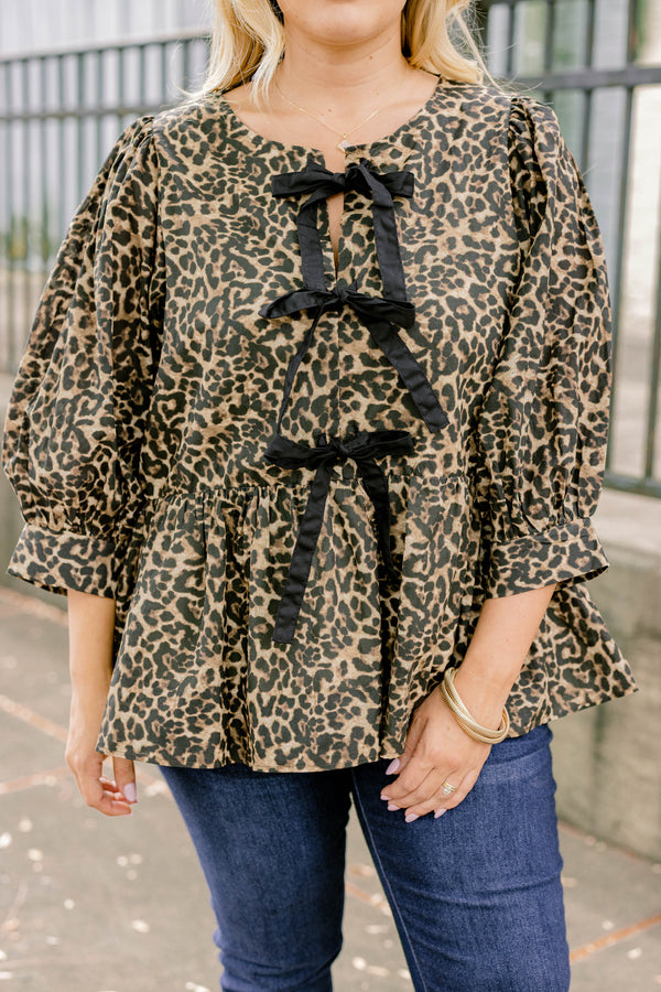 Chic Soul plus size clothing, leopard print long sleeve baby doll blouse with 3 black ties down the front