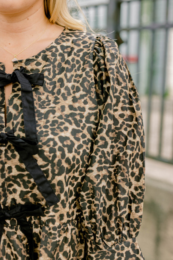 Chic Soul plus size clothing, leopard print long sleeve baby doll blouse with 3 black ties down the front