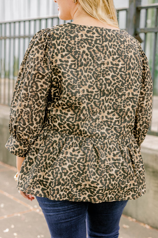 Chic Soul plus size clothing, leopard print long sleeve baby doll blouse with 3 black ties down the front