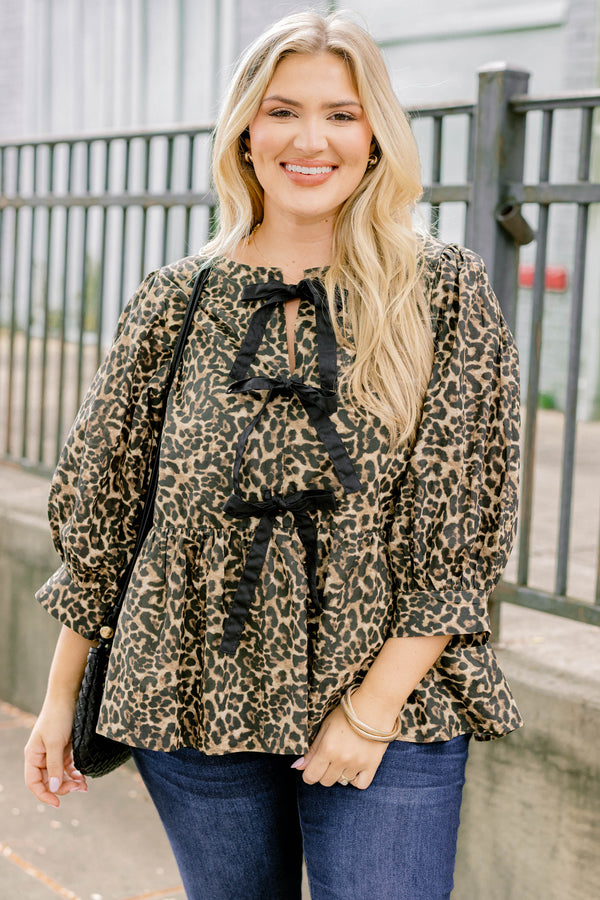 Chic Soul plus size clothing, leopard print long sleeve baby doll blouse with 3 black ties down the front