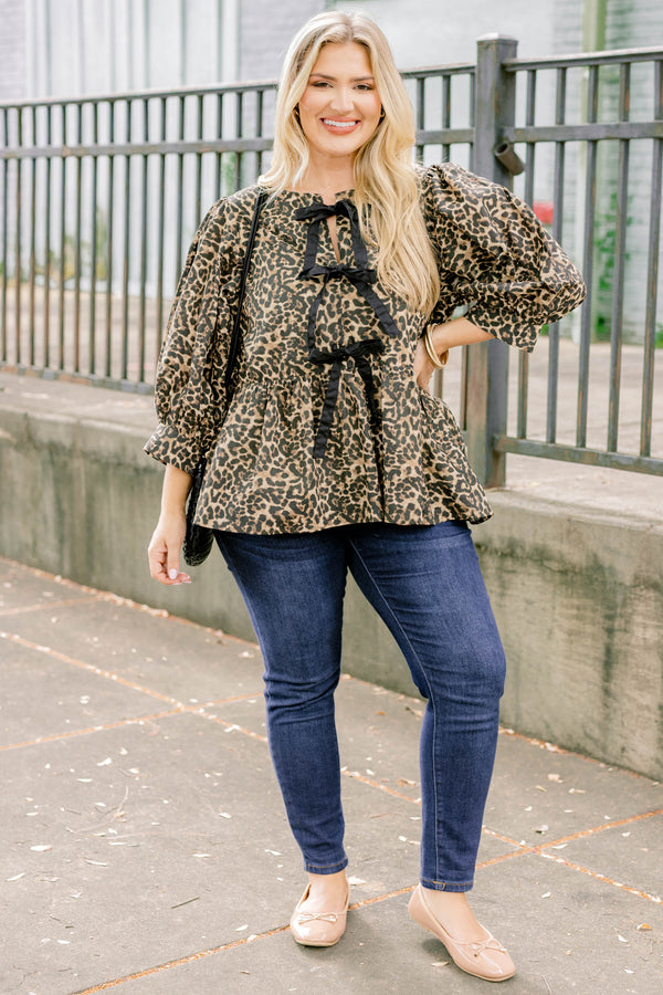 Chic Soul plus size clothing, leopard print long sleeve baby doll blouse with 3 black ties down the front