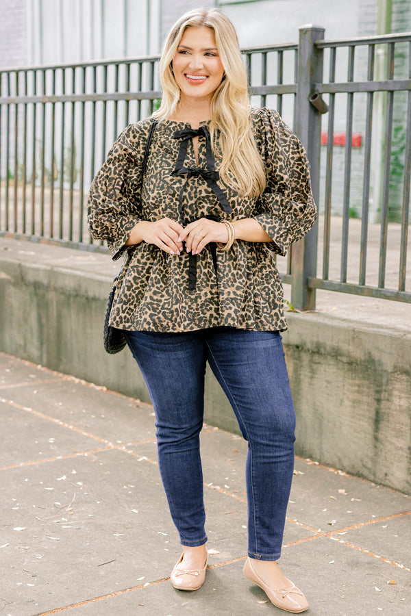 Chic Soul plus size clothing, leopard print long sleeve baby doll blouse with 3 black ties down the front