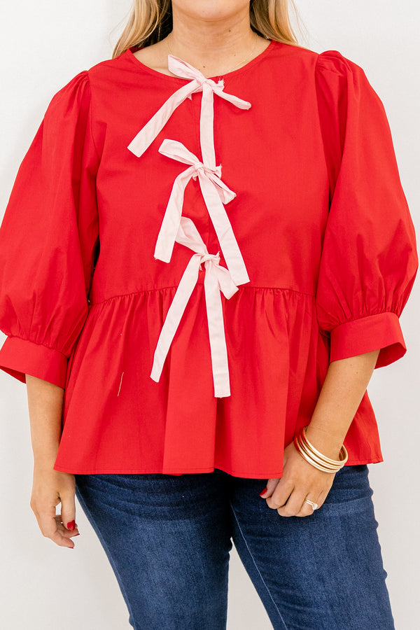 Chic Soul plus size clothing, red long sleeve baby doll blouse with 3 pink ties down the front