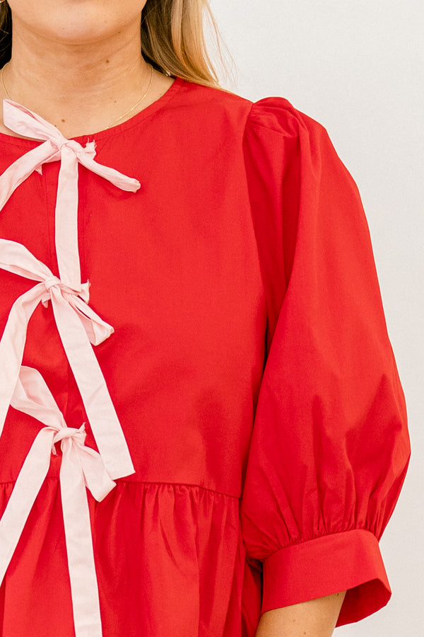 Chic Soul plus size clothing, red long sleeve baby doll blouse with 3 pink ties down the front