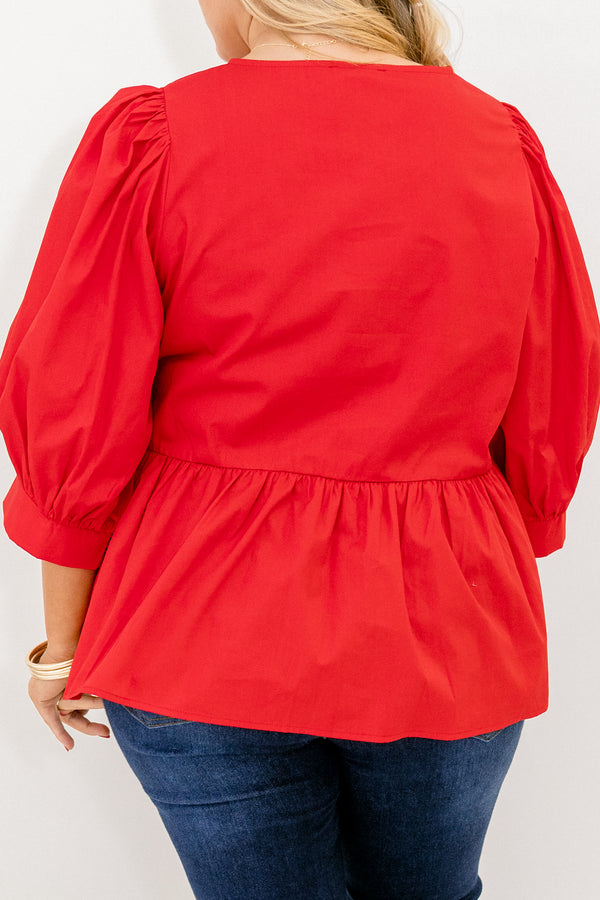 Chic Soul plus size clothing, red long sleeve baby doll blouse with 3 pink ties down the front