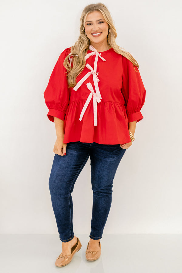 Chic Soul plus size clothing, red long sleeve baby doll blouse with 3 pink ties down the front