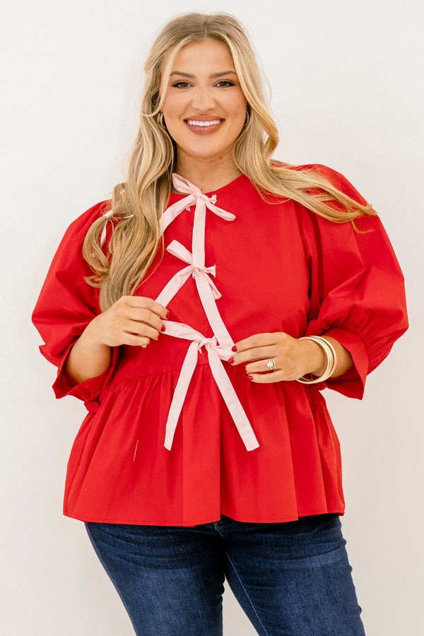 Chic Soul plus size clothing, red long sleeve baby doll blouse with 3 pink ties down the front