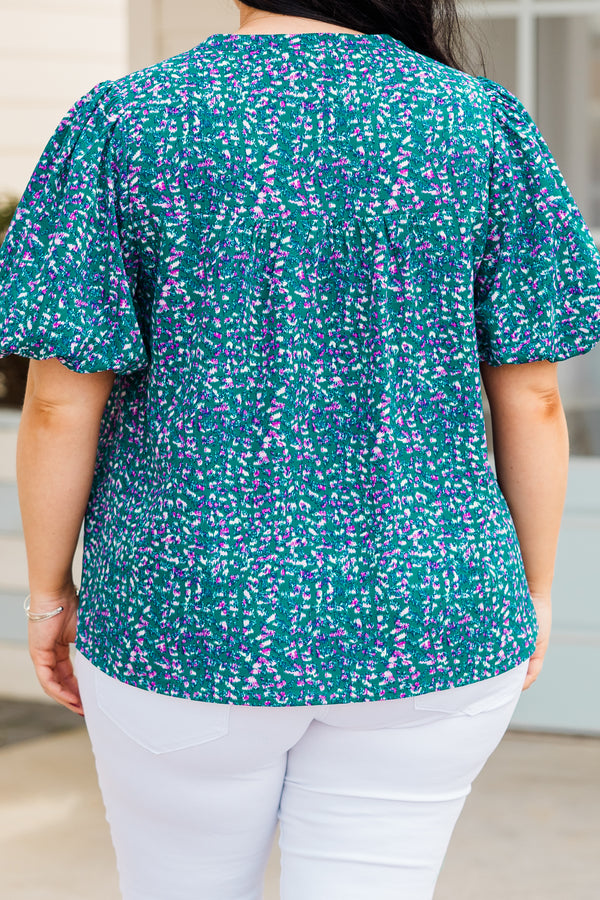 Chic Soul plus size clothing, green short sleeve top with small printed pattern