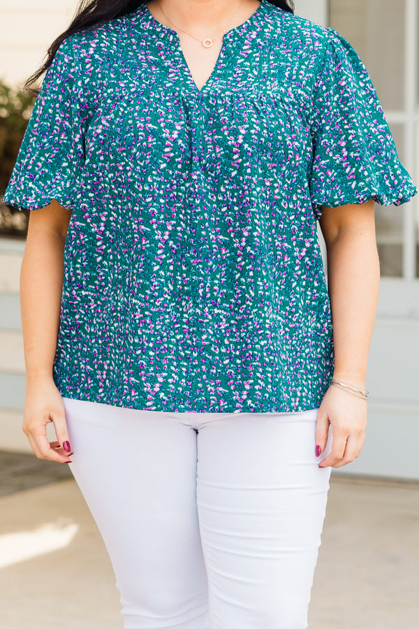 Chic Soul plus size clothing, green short sleeve top with small printed pattern