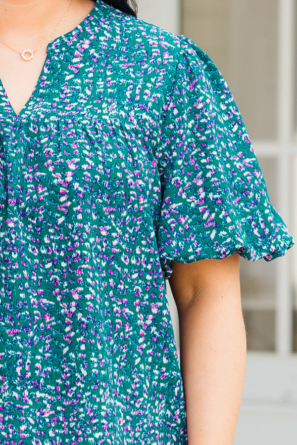Chic Soul plus size clothing, green short sleeve top with small printed pattern