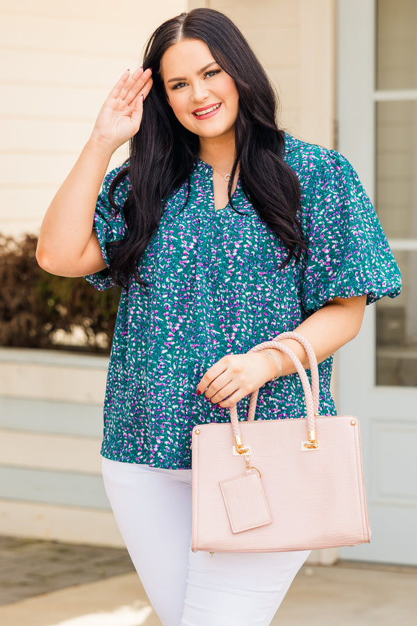 Chic Soul plus size clothing, green short sleeve top with small printed pattern