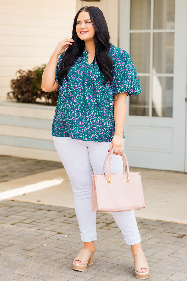 Chic Soul plus size clothing, green short sleeve top with small printed pattern