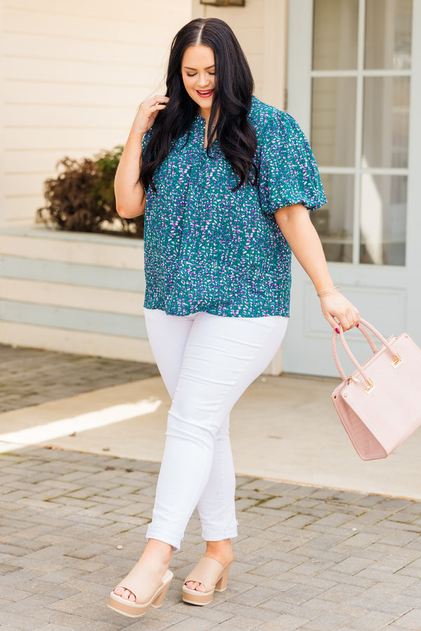 Chic Soul plus size clothing, green short sleeve top with small printed pattern