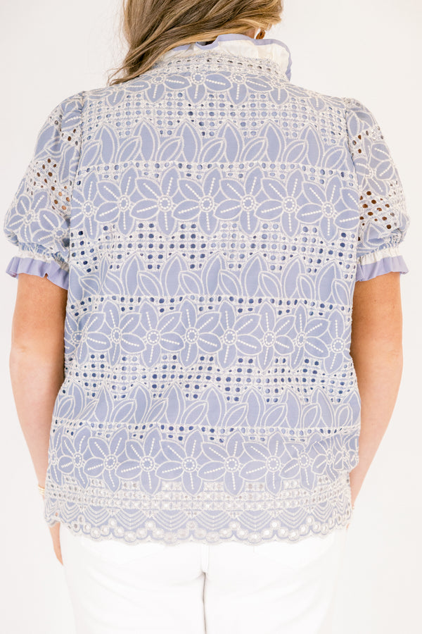 Chic Soul plus size clothing, chambray blue and white eyelet floral pattern short puff sleeve top with popped collar and white lace trim outlining collar