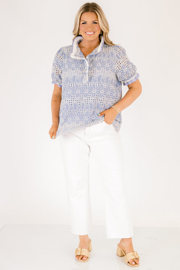 Chic Soul plus size clothing, chambray blue and white eyelet floral pattern short puff sleeve top with popped collar and white lace trim outlining collar